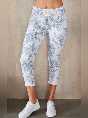 Venti6 Made in Italy Floral Jogger Pants Gray White Stretch Lounge Pants Medium